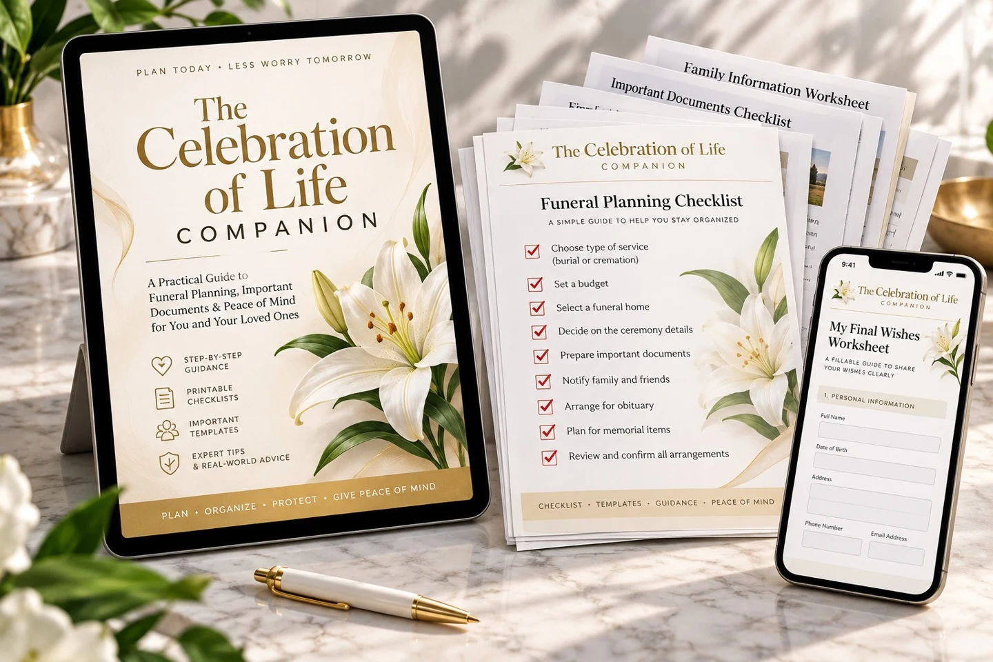 Celebration of life planning checklist kit with ebook, printable worksheets and invitation templates